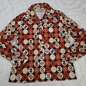Devon Rare Retro 60's Groovy Sweet Penguin Cicle Patterned Button Front Shirt